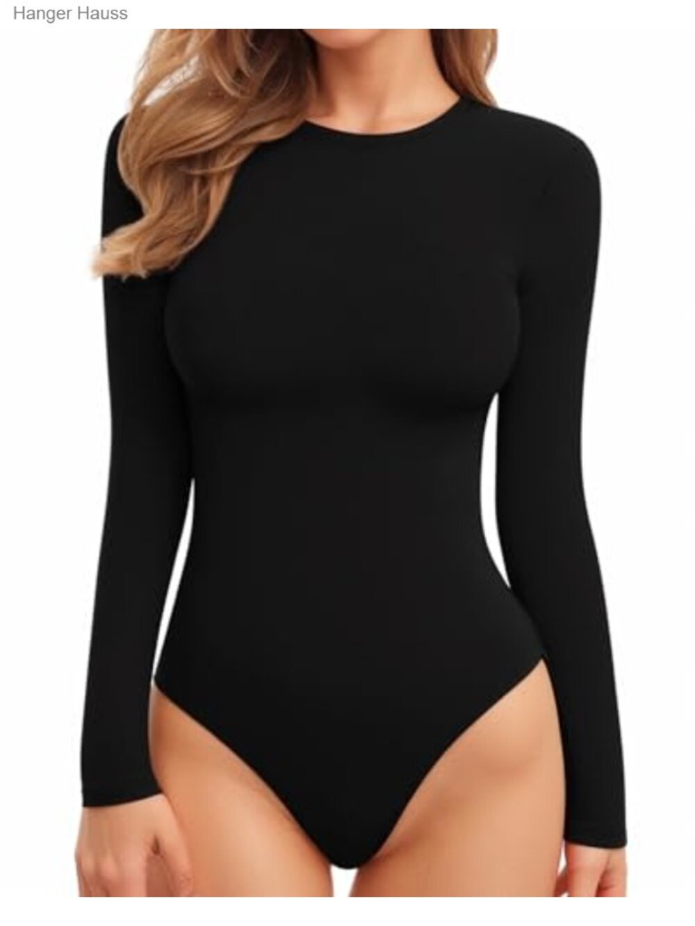 Ribbed Long Sleeve Crew Neck Bodysuit Snap Crotch Basic Top